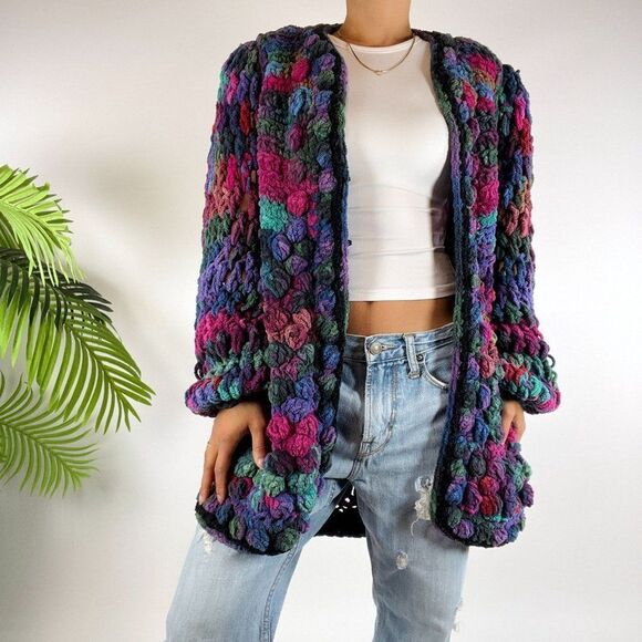 Vintage 80s Retro Chunky Knit Oversized Grandma Sweater Crochet Cardigan / Large - Picture 7 of 7